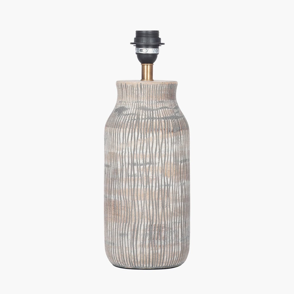 Yala Grey Wash Wood Textured Bottle Table Lamp Base with Harry 30cm Black Cotton Mix Cylinder Lampshade.