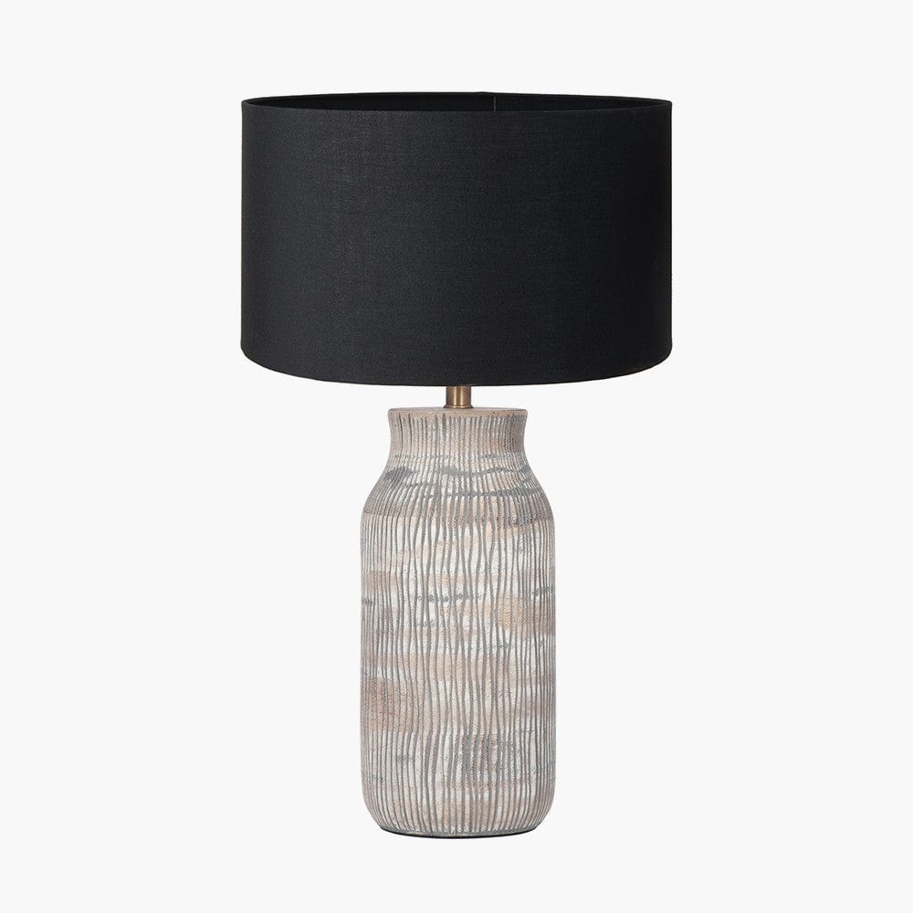 Yala Grey Wash Wood Textured Bottle Table Lamp Base with Harry 30cm Black Cotton Mix Cylinder Lampshade.