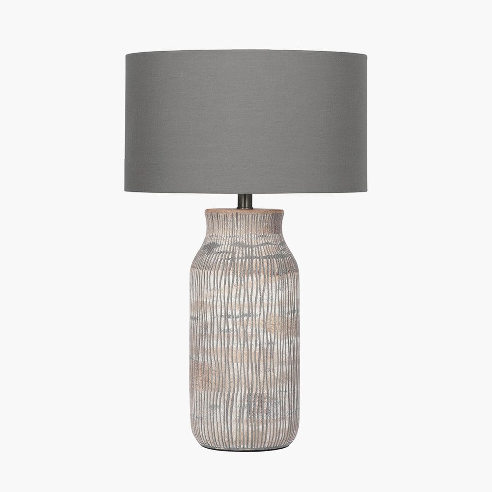 Yala Grey Wash Wood Textured Bottle Table Lamp Base with Harry 30cm Steel Grey Cotton Mix Cylinder Lampshade.