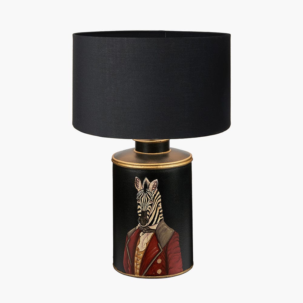 Pacific Lifestyle Lighting Zebra Black Hand Painted Metal Table Lamp Base with Harry 40cm Black Cotton Mix Cylinder Lampshade House of Isabella UK