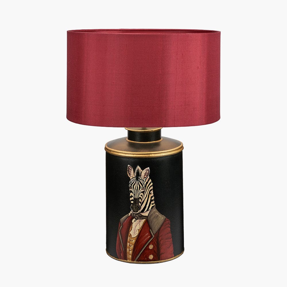 Zebra Black Hand Painted Metal Table Lamp Base with Zara 40cm Mulberry Silk Lined Cylinder Lampshade.