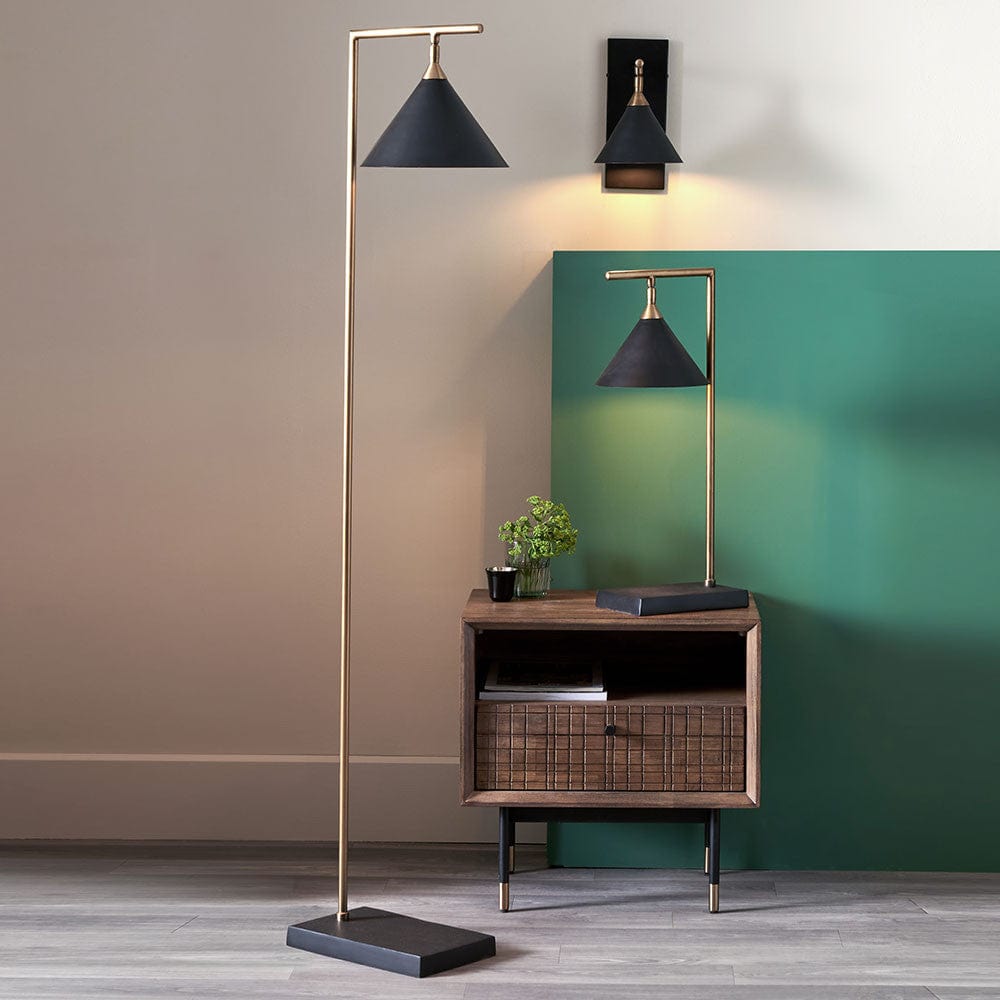 Zeta Matt Black and Antique Brass Floor Lamp.