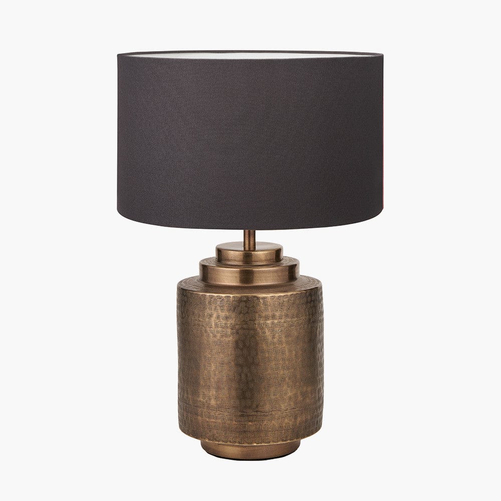 Zuri Antique Brass Metal Pot Table Lamp Base with Henry 40cm Grey Handloom Cylinder Lampshade.