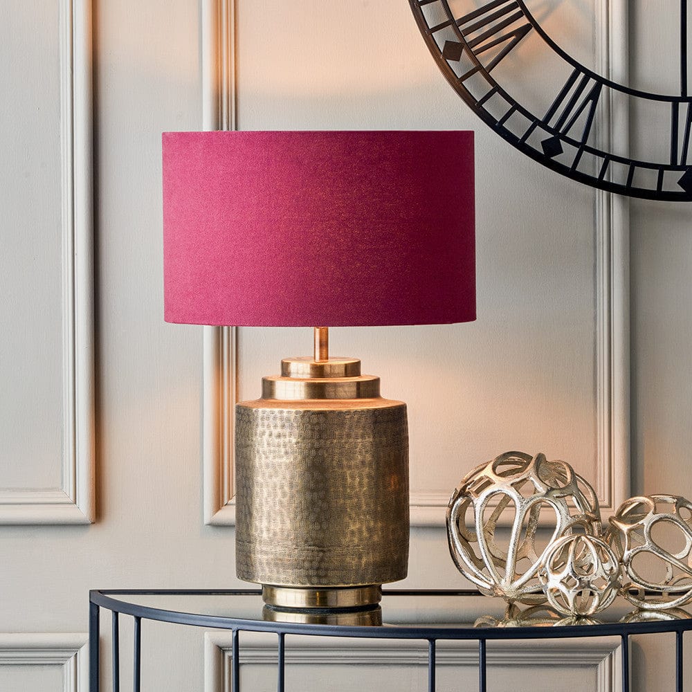 Zuri Antique Brass Metal Pot Table Lamp Base with Henry 40cm Mulberry Handloom Cylinder Lampshade.