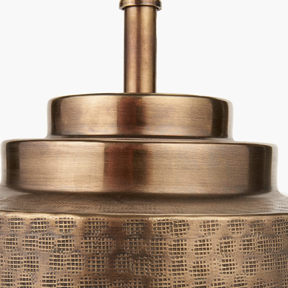 Zuri Antique Brass Metal Pot Table Lamp Base with Henry 40cm Mulberry Handloom Cylinder Lampshade.