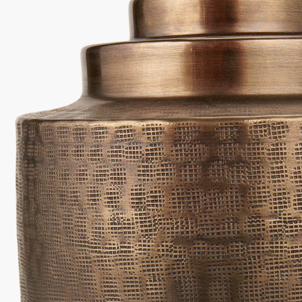 Zuri Antique Brass Metal Pot Table Lamp Base with Henry 40cm Mulberry Handloom Cylinder Lampshade.