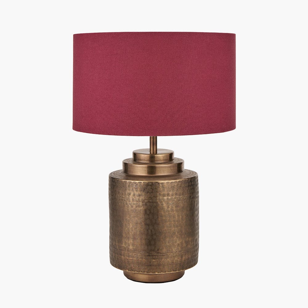 Zuri Antique Brass Metal Pot Table Lamp Base with Henry 40cm Mulberry Handloom Cylinder Lampshade.