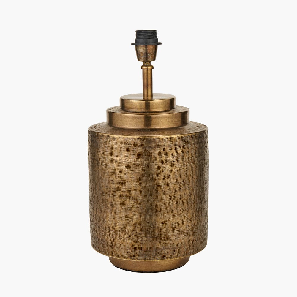 Zuri Antique Brass Metal Pot Table Lamp Base with Lino 40cm Black Self Lined Linen Cylinder Lampshade.