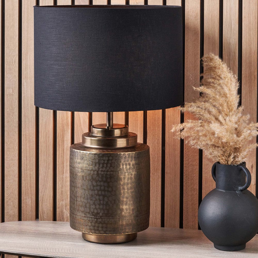 Zuri Antique Brass Metal Pot Table Lamp Base with Lino 40cm Black Self Lined Linen Cylinder Lampshade.