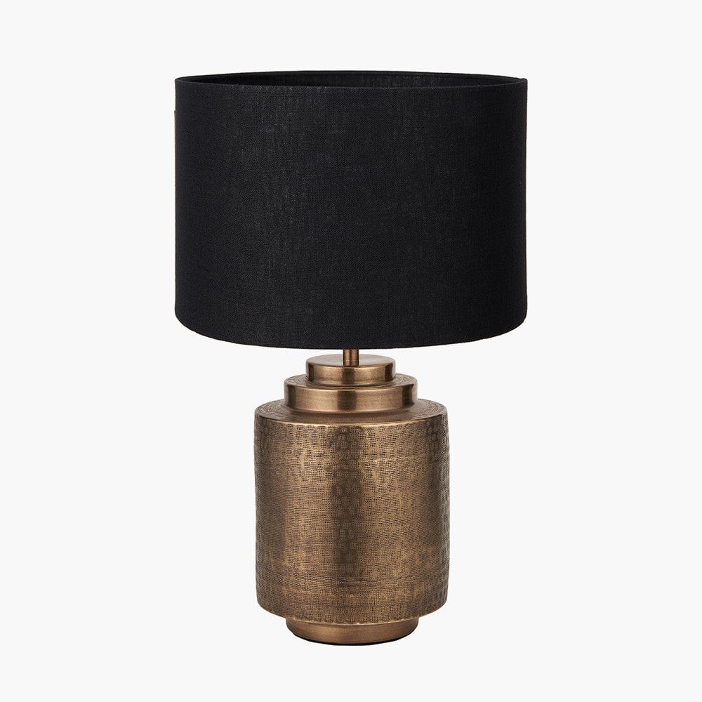 Zuri Antique Brass Metal Pot Table Lamp Base with Lino 40cm Black Self Lined Linen Cylinder Lampshade.
