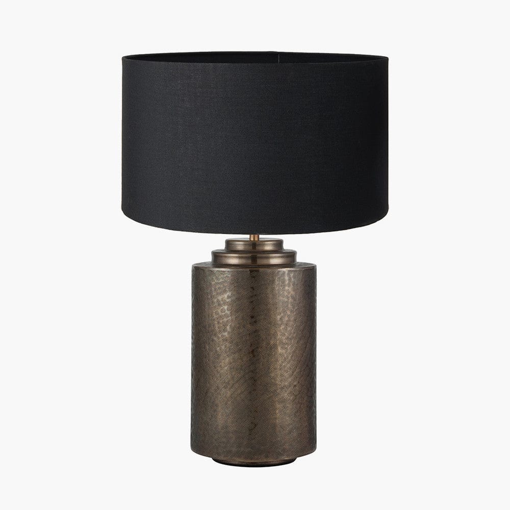 Zuri Large Antique Brass Metal Pot Table Lamp Base with Harry 45cm Black Cotton Mix Cylinder Lampshade.
