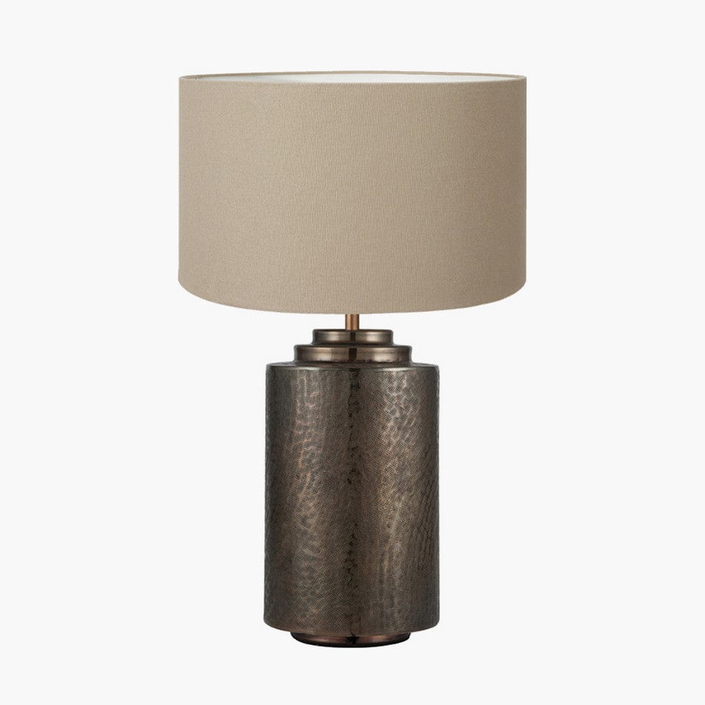 Zuri Large Antique Brass Metal Pot Table Lamp Base with Henry 45cm Taupe Handloom Cylinder Lampshade.