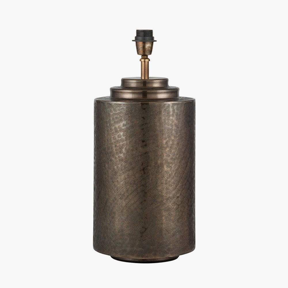 Zuri Large Antique Brass Metal Pot Table Lamp Base with Henry 45cm Taupe Handloom Cylinder Lampshade.