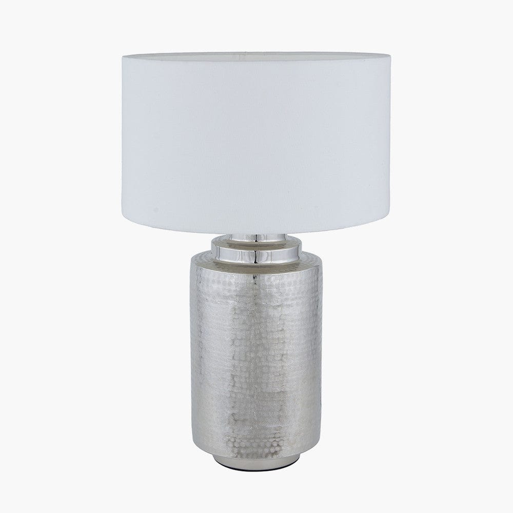 Zuri Large Shiny Silver Metal Pot Table Lamp Base with Henry 45cm White Handloom Cylinder Lampshade.