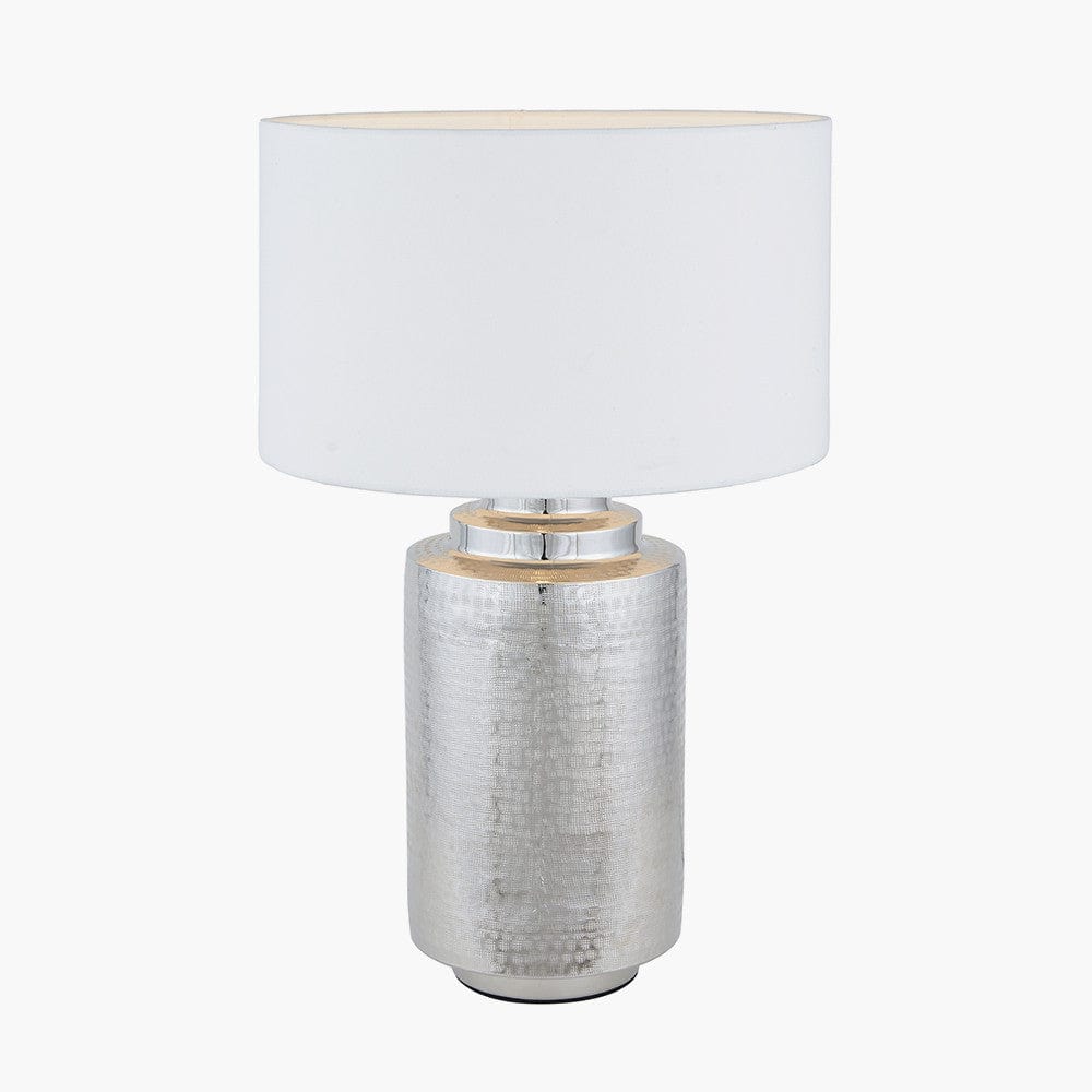 Zuri Large Shiny Silver Metal Pot Table Lamp Base with Henry 45cm White Handloom Cylinder Lampshade.