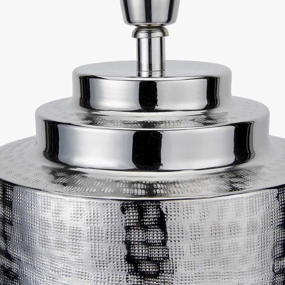 Zuri Large Shiny Silver Metal Pot Table Lamp Base with Henry 45cm White Handloom Cylinder Lampshade.