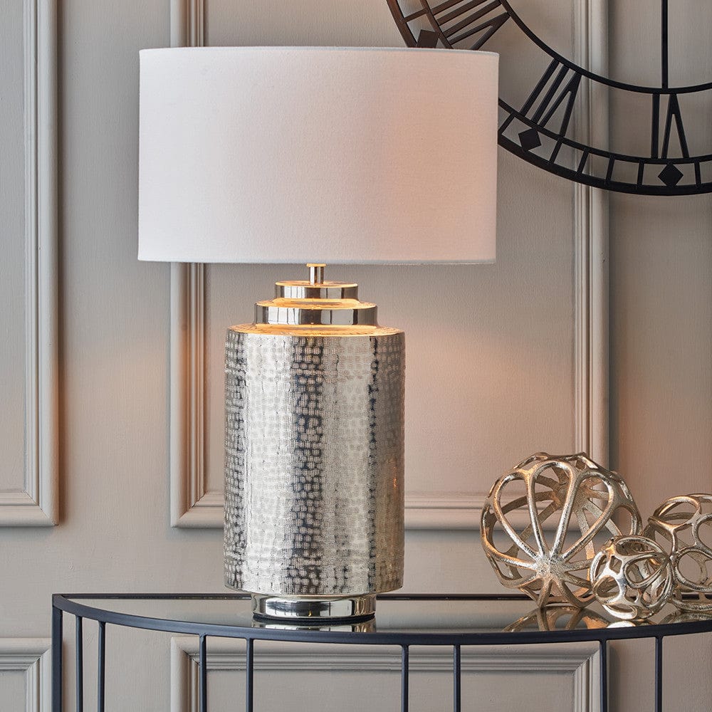 Zuri Large Shiny Silver Metal Pot Table Lamp Base with Henry 45cm White Handloom Cylinder Lampshade.