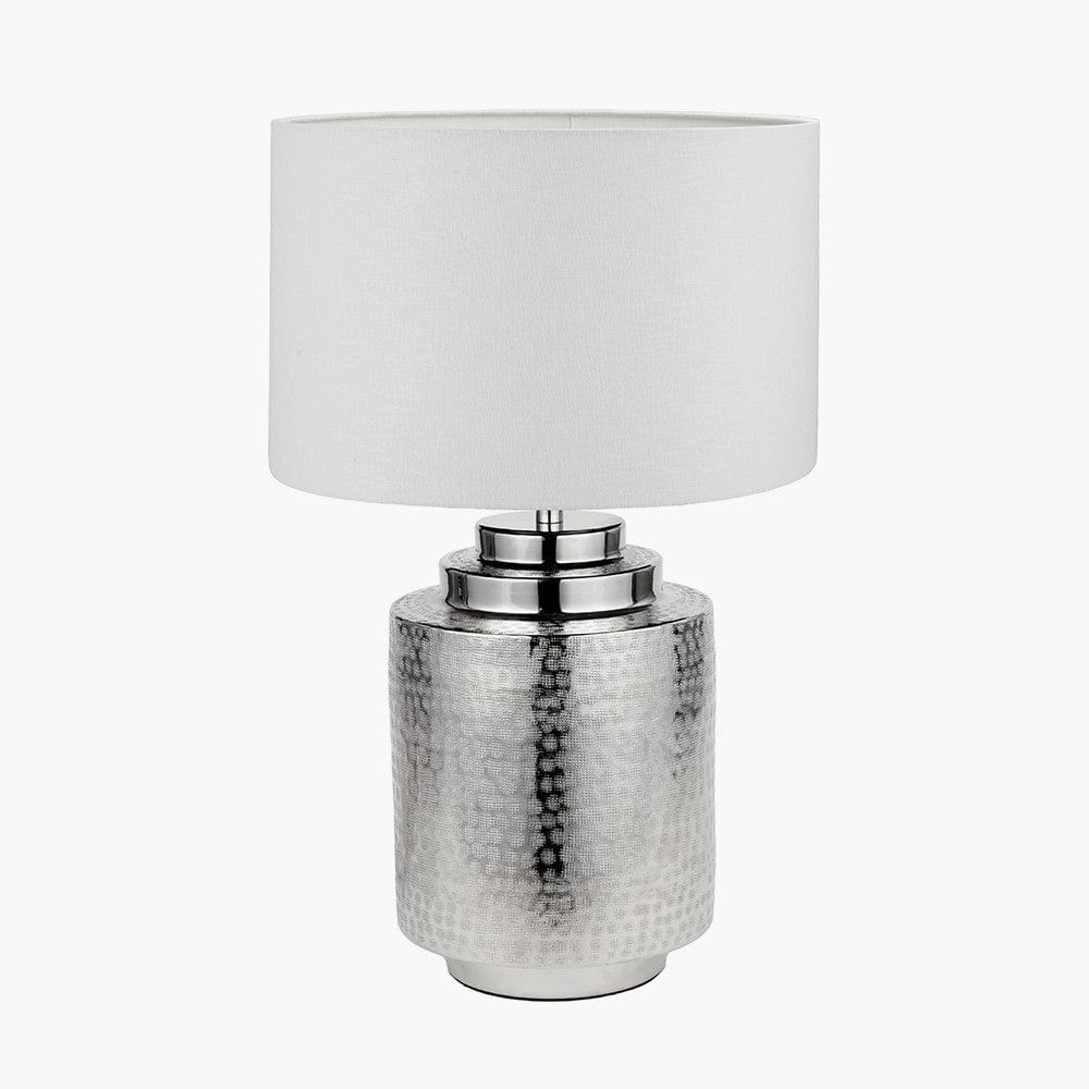 Zuri Shiny Silver Metal Pot Table Lamp Base with Lino 35cm White Self Lined Linen Cylinder Lampshade.