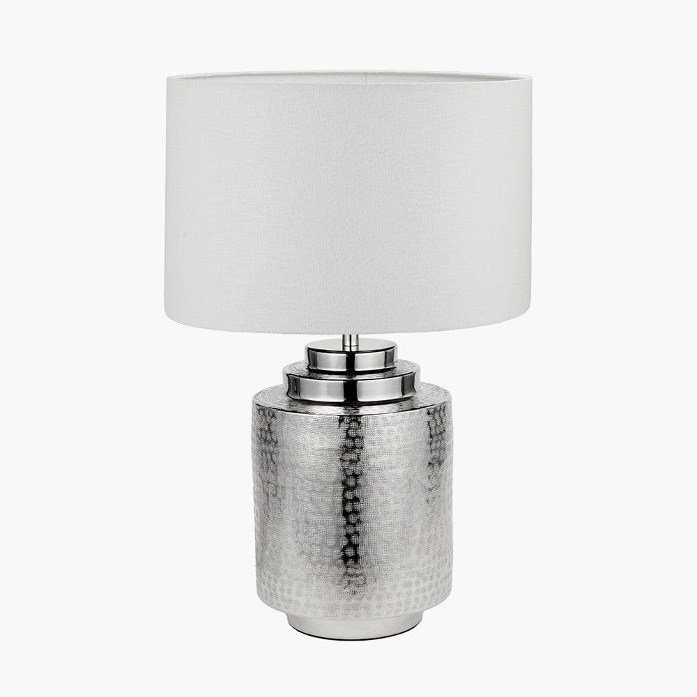 Zuri Shiny Silver Metal Pot Table Lamp Base with Lino 40cm White Self Lined Linen Cylinder Lampshade.