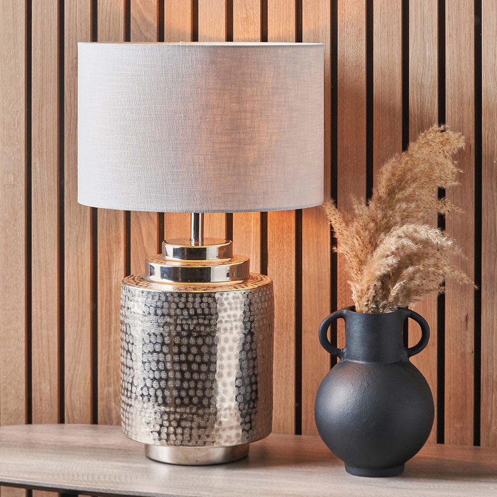 Zuri Shiny Silver Metal Pot Table Lamp Base with Lino 40cm White Self Lined Linen Cylinder Lampshade.