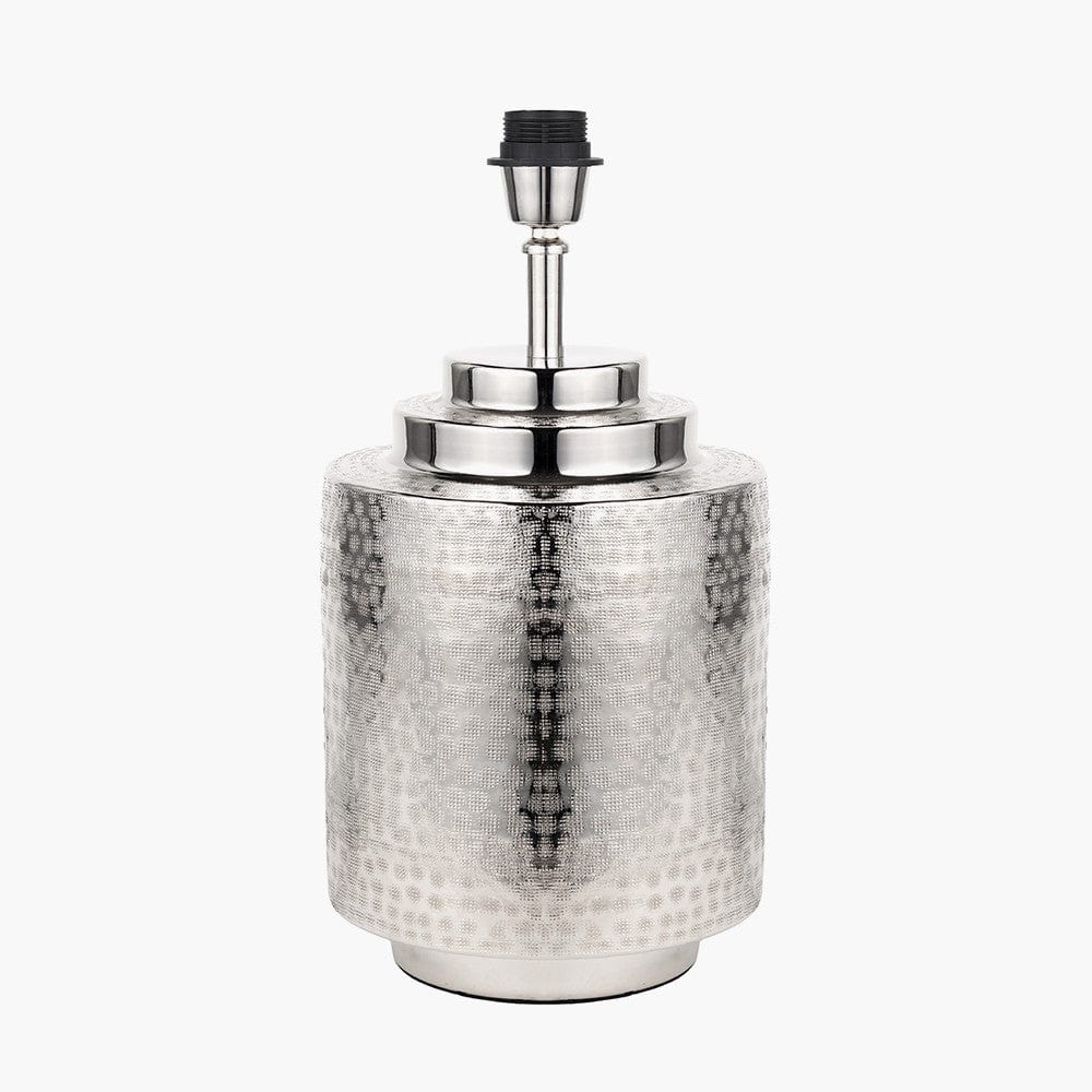 Zuri Shiny Silver Metal Pot Table Lamp Base with Lino 40cm White Self Lined Linen Cylinder Lampshade.