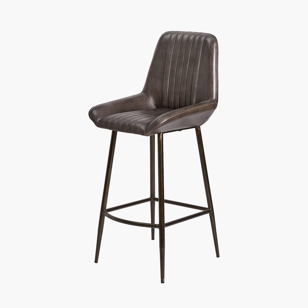 Angelo Peppercorn Leather and Bronze Metal Retro Bar Stool.