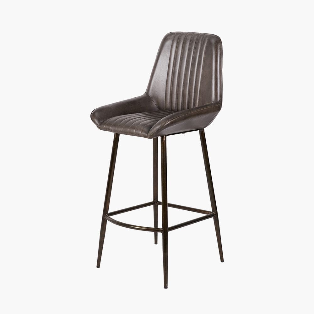 Angelo Peppercorn Leather and Bronze Metal Retro Bar Stool.