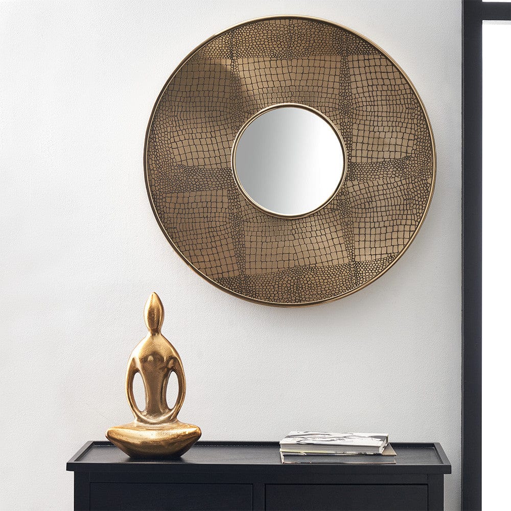 Antique Brass Metal Round Wall Mirror.