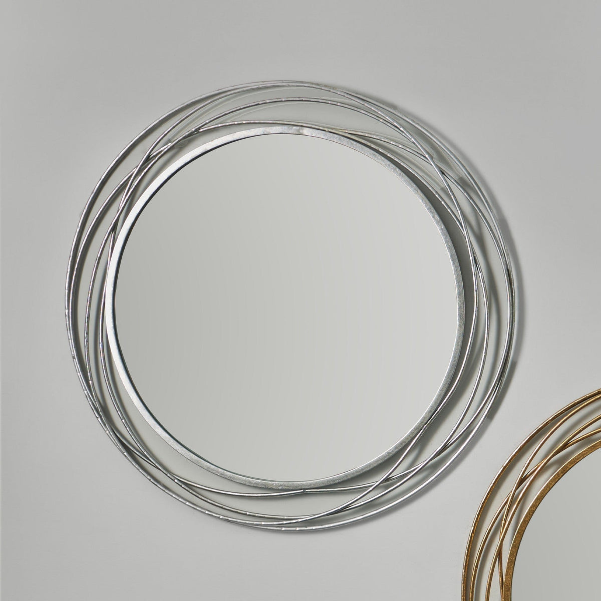 Antique Silver Metal Swirl Round Wall Mirror.
