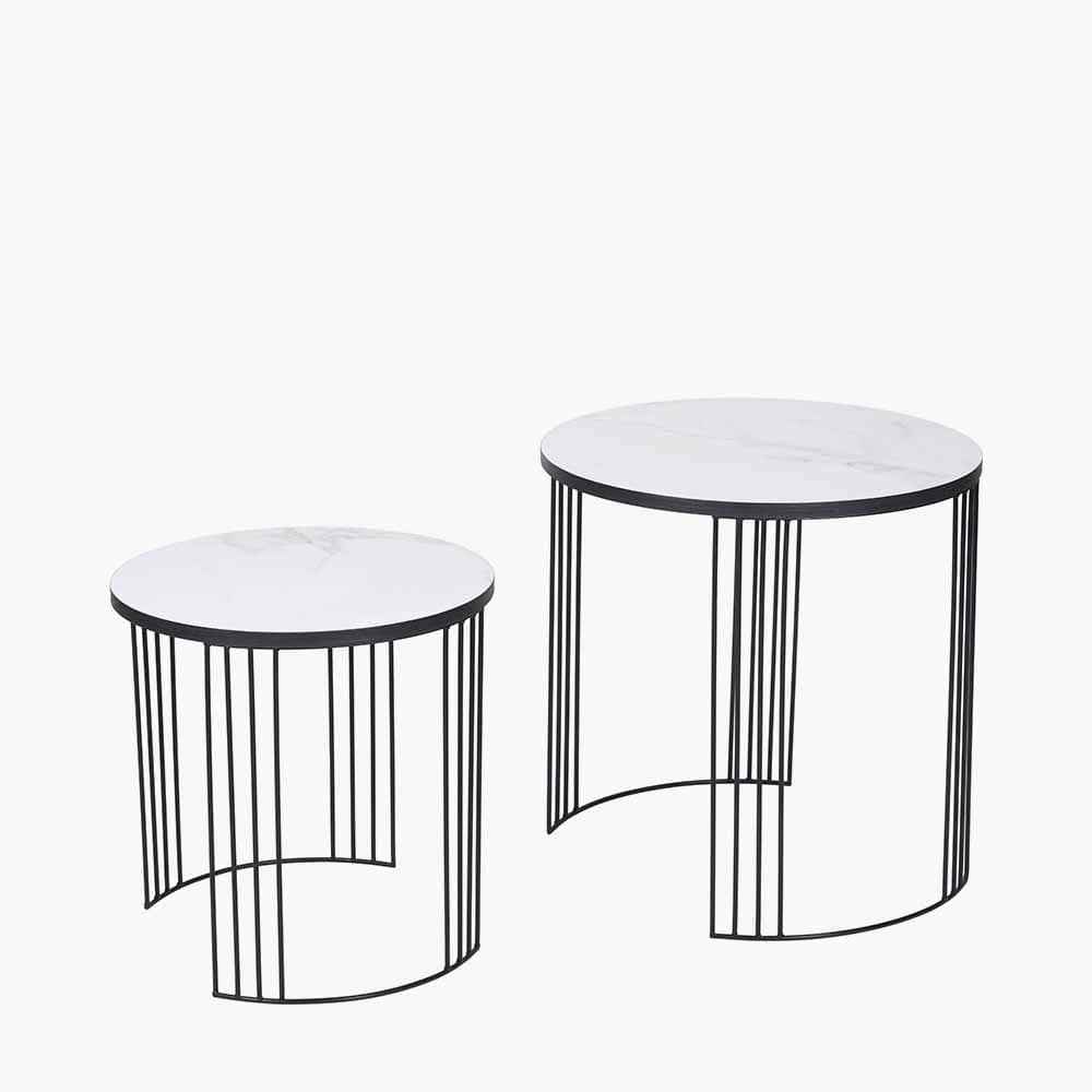 Atri S/2 White Marble Veneer and Black Metal Side Tables.
