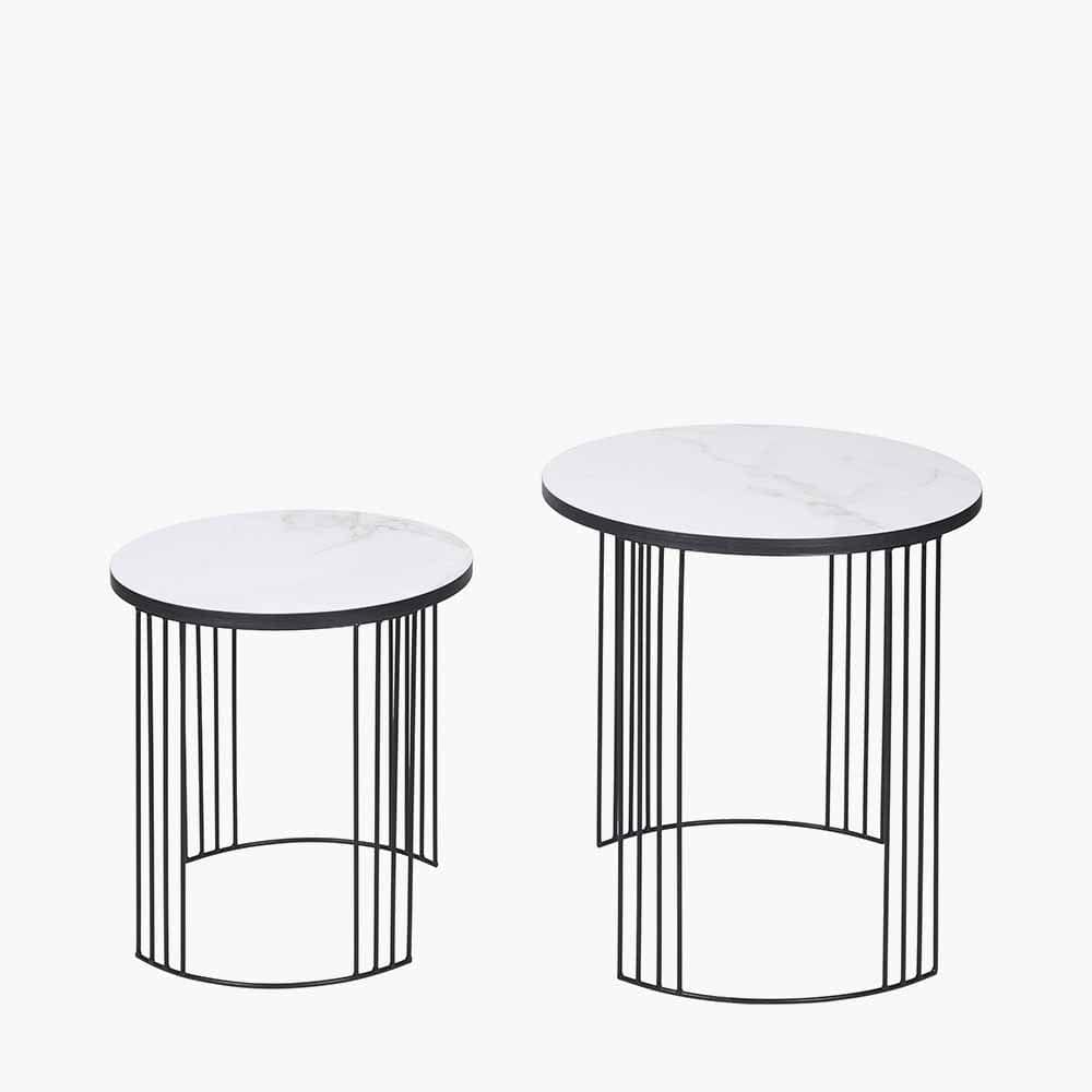 Atri S/2 White Marble Veneer and Black Metal Side Tables.