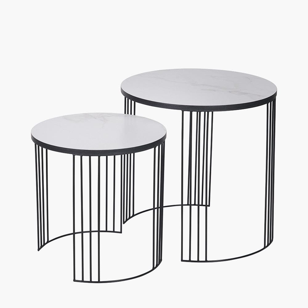 Atri S/2 White Marble Veneer and Black Metal Side Tables.
