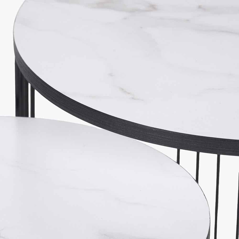 Atri S/2 White Marble Veneer and Black Metal Side Tables.