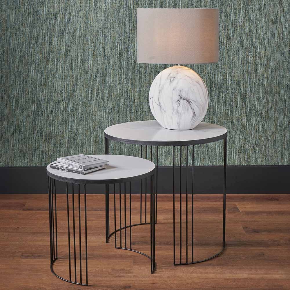 Atri S/2 White Marble Veneer and Black Metal Side Tables.