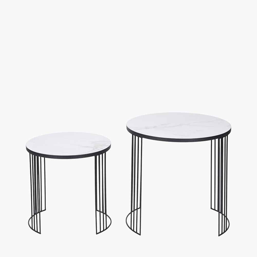 Atri S/2 White Marble Veneer and Black Metal Side Tables.