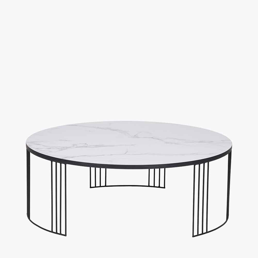Atri White Marble Veneer and Black Metal Coffee Table.