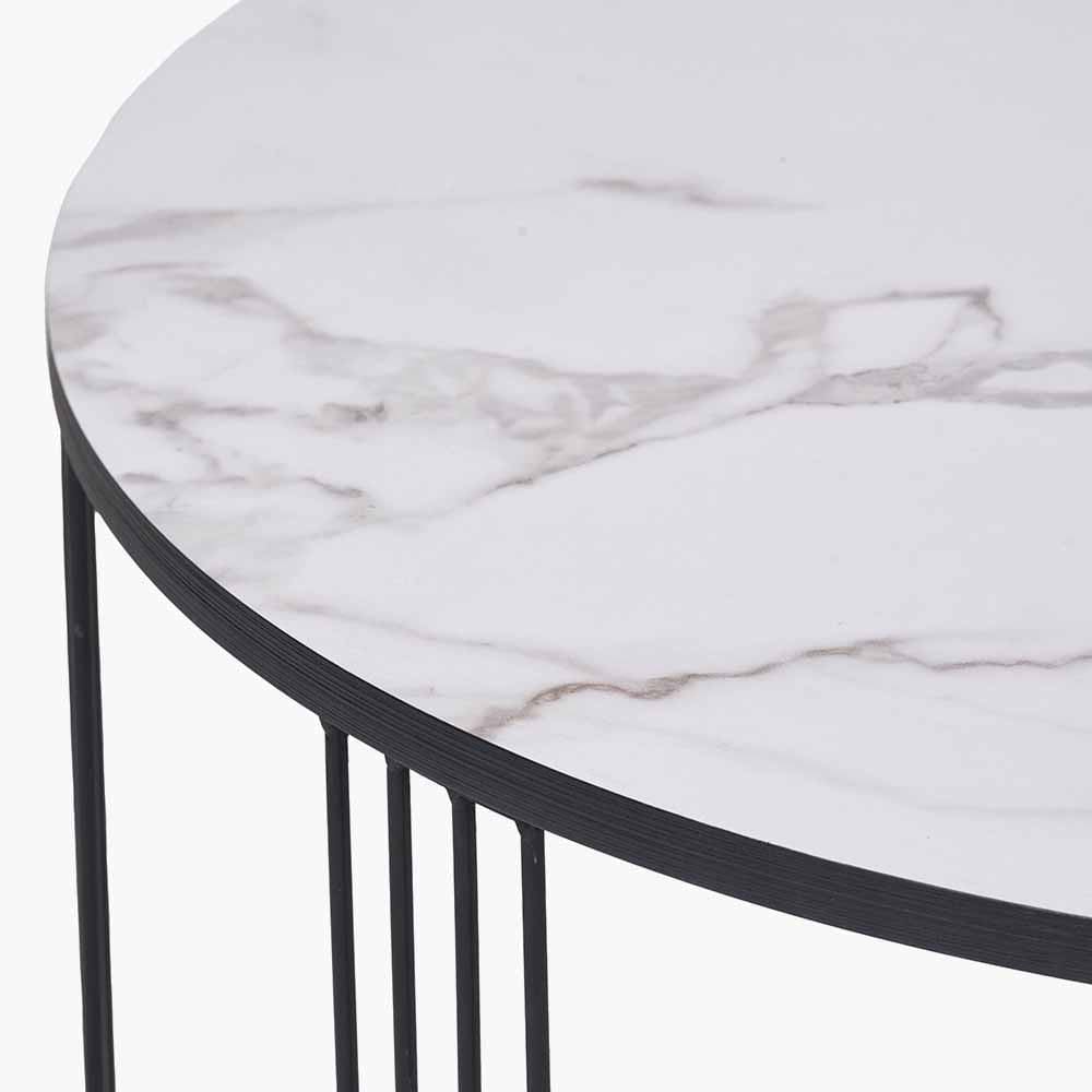 Atri White Marble Veneer and Black Metal Coffee Table.