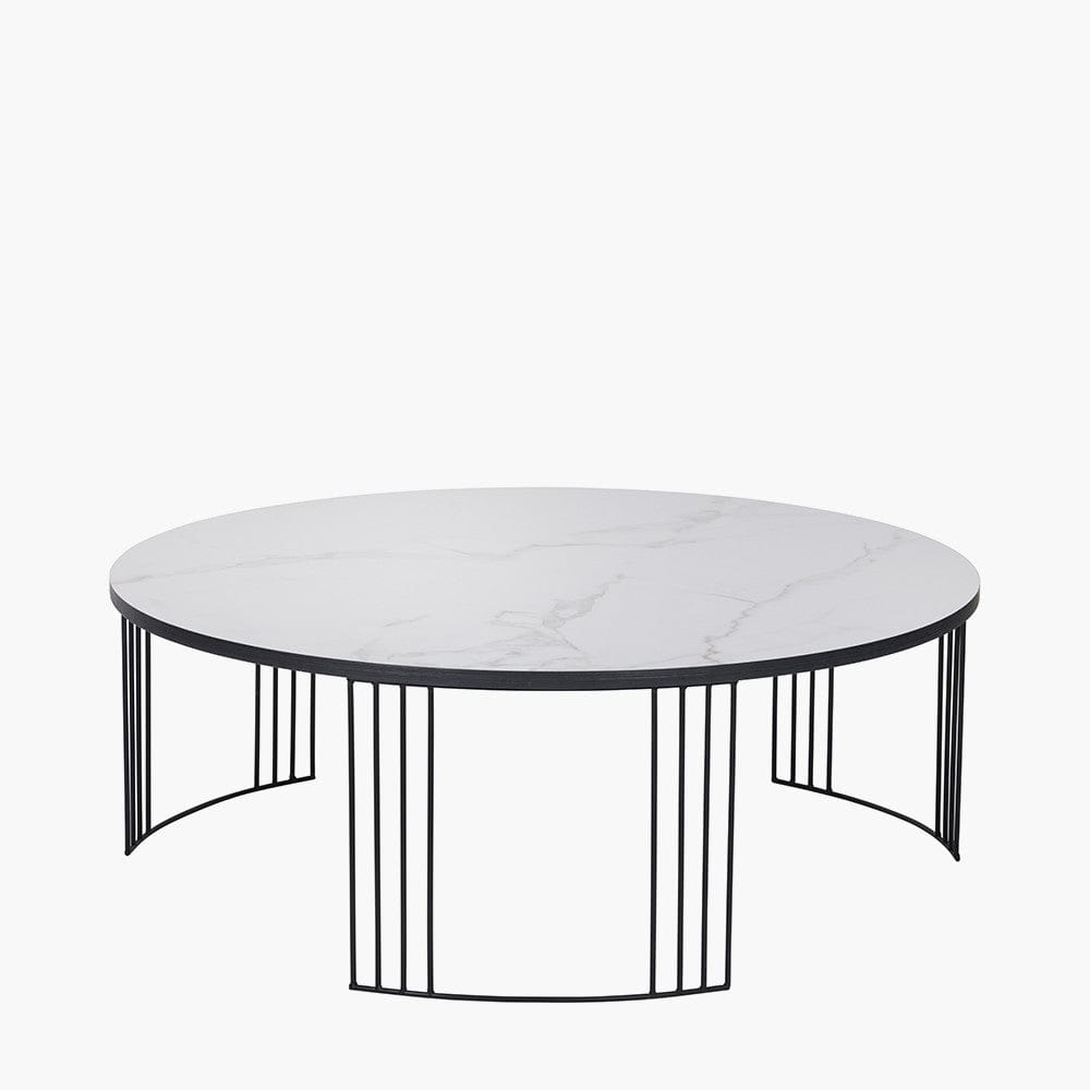 Atri White Marble Veneer and Black Metal Coffee Table.
