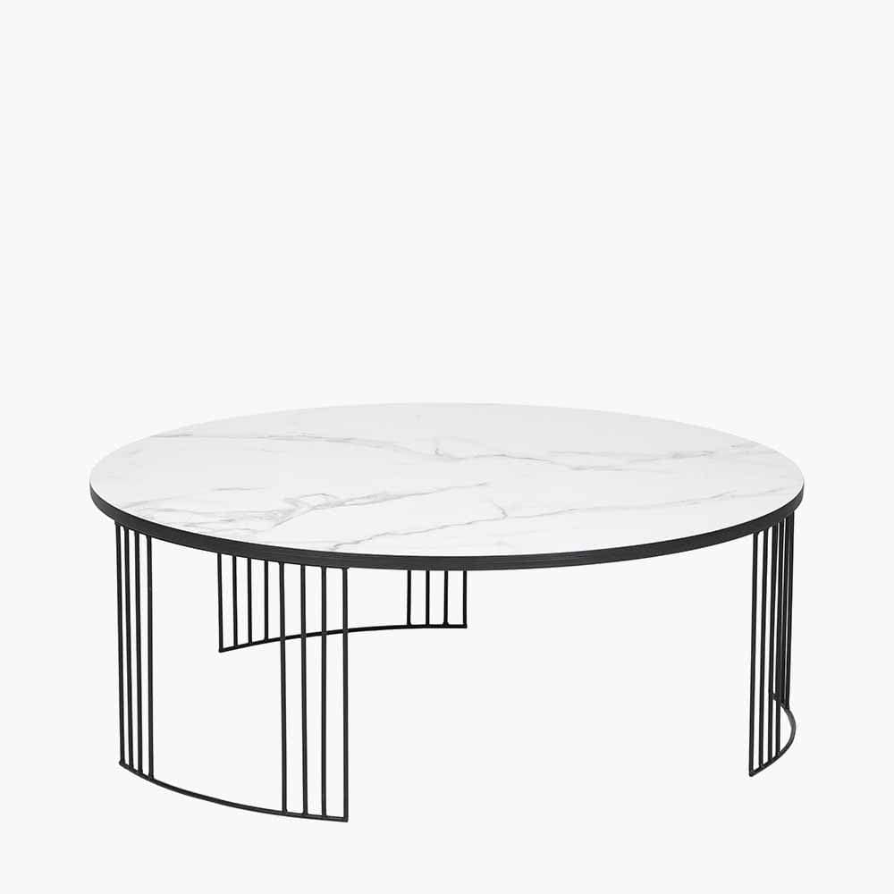 Atri White Marble Veneer and Black Metal Coffee Table.