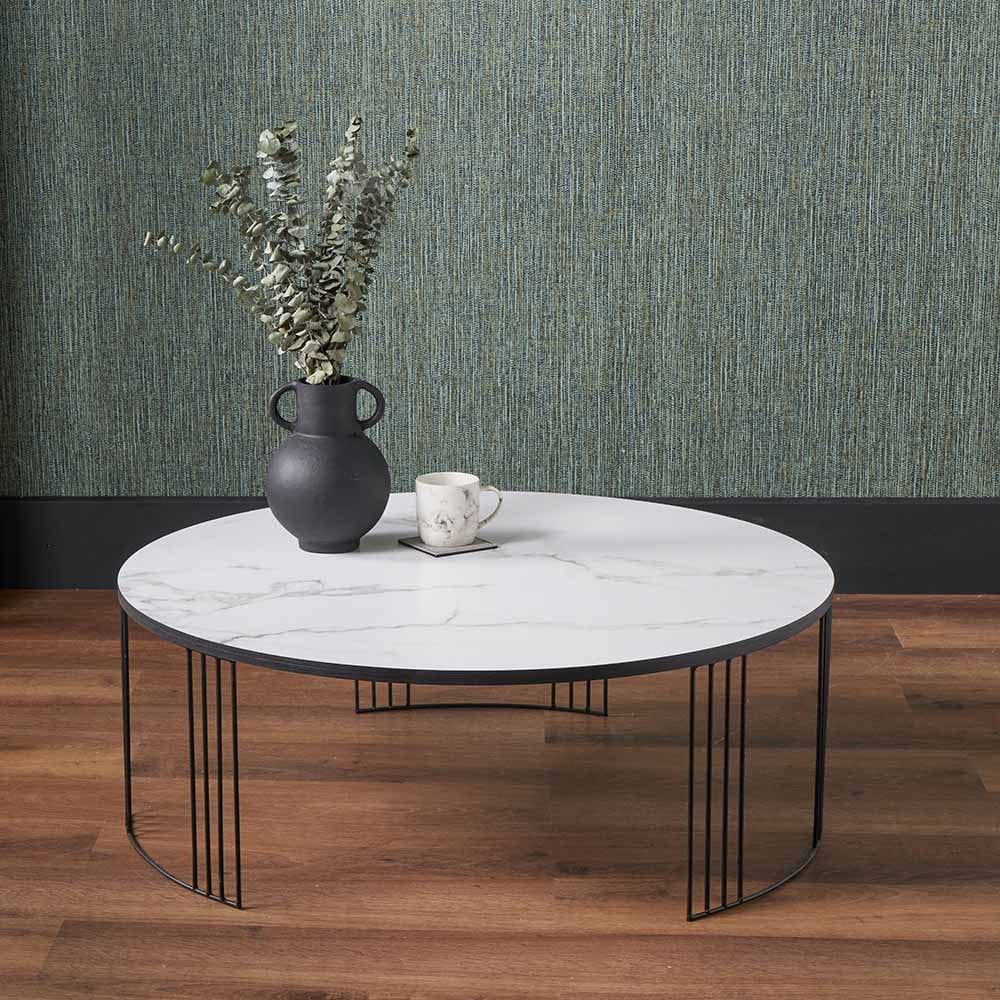 Atri White Marble Veneer and Black Metal Coffee Table.
