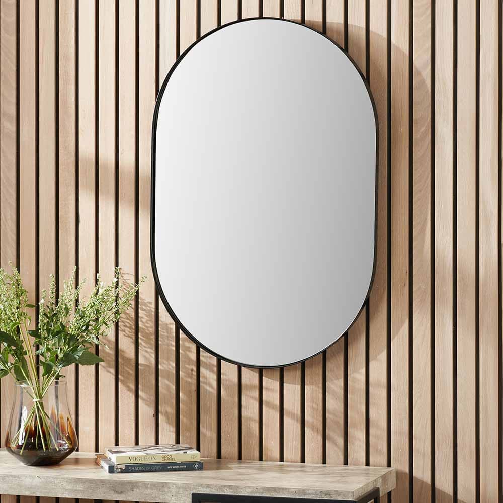 Black Metal Slim Frame Oval Wall Mirror.