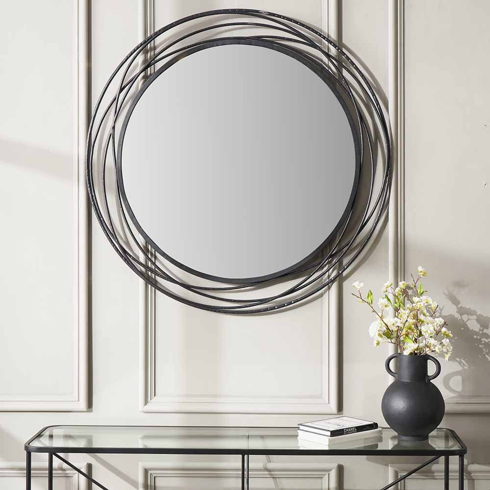Black Metal Swirl Round Wall Mirror.