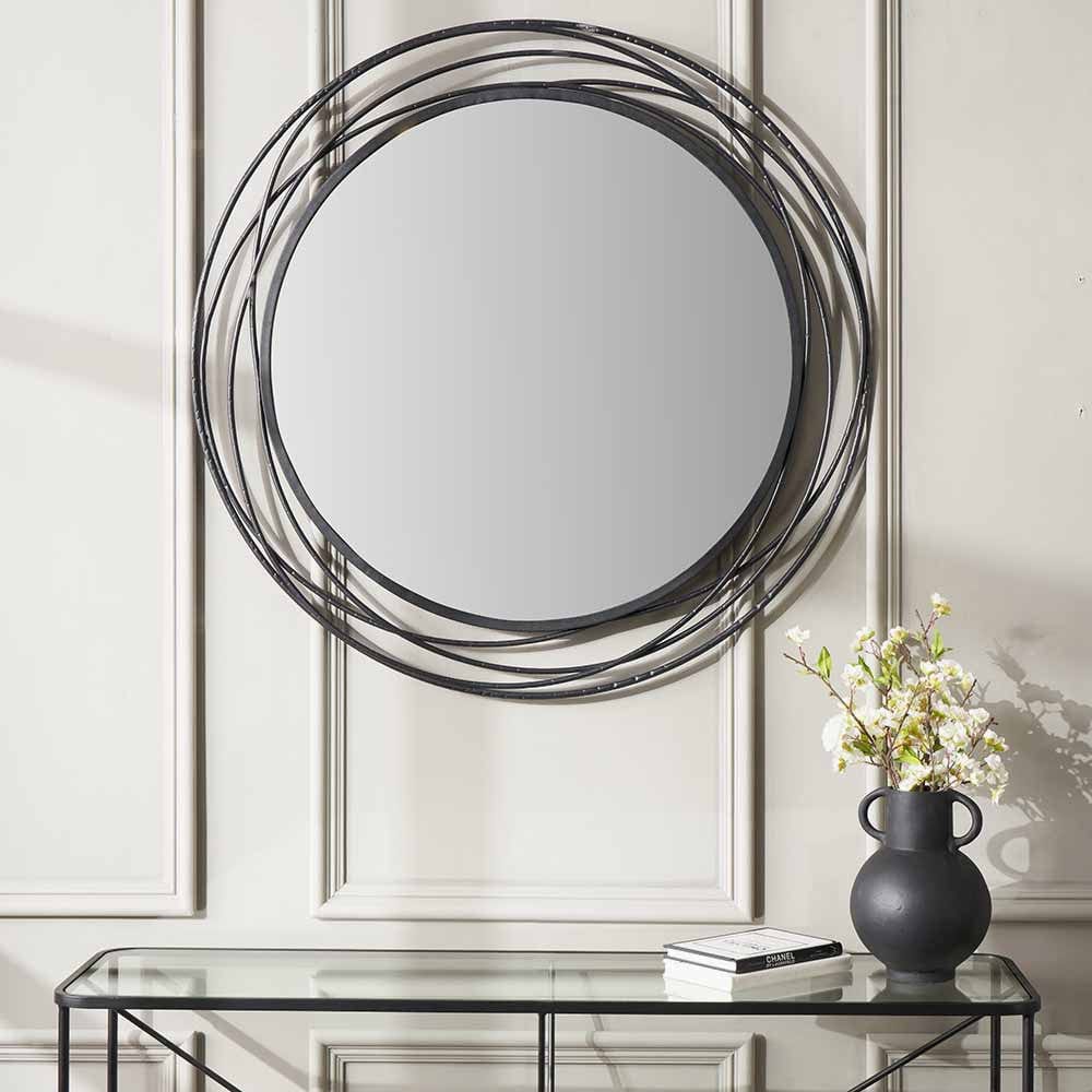 Pacific Lifestyle Living Black Metal Swirl Round Wall Mirror House of Isabella UK