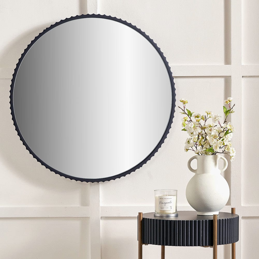 Black Metal Textured Edged Round Wall Mirror.