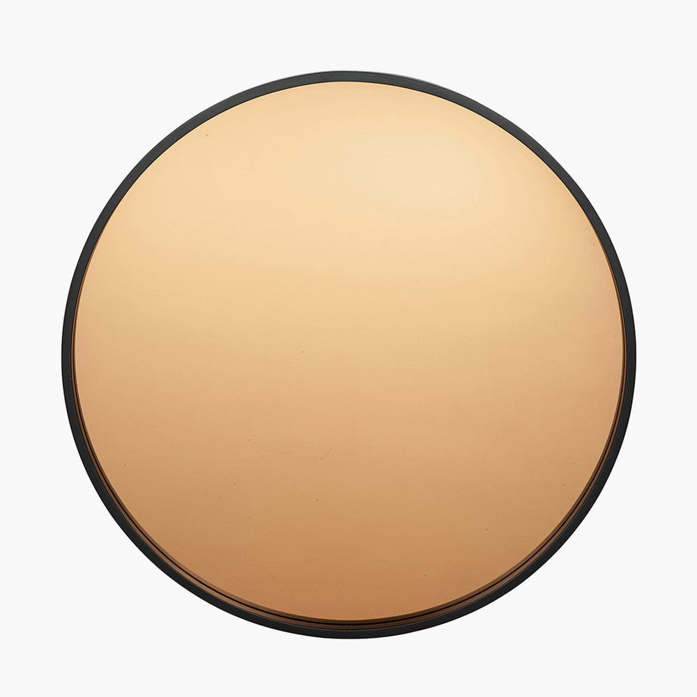 Black Wood Veneer and Copper Glass Round Wall Mirror.