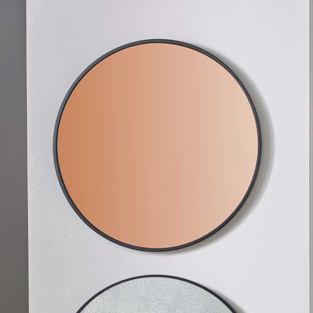 Black Wood Veneer and Copper Glass Round Wall Mirror.