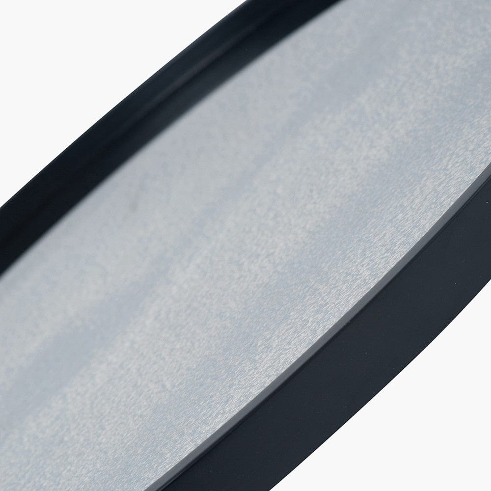 Black Wood Veneer and Foxed Glass Round Wall Mirror.