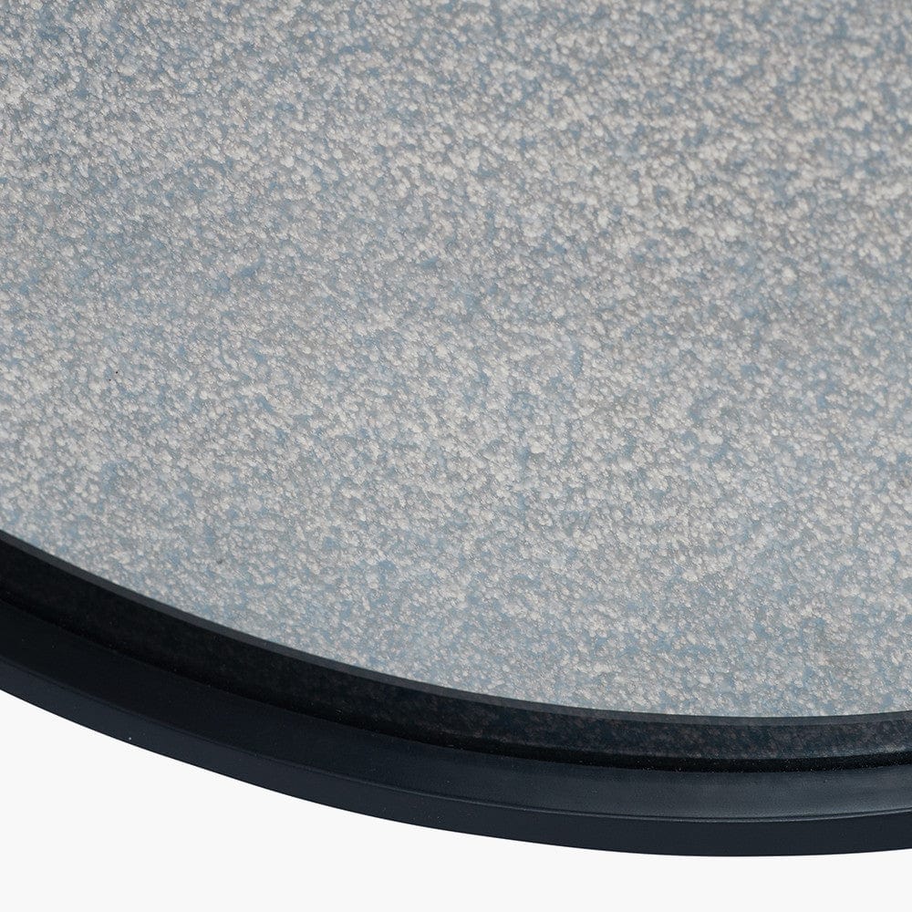 Black Wood Veneer and Foxed Glass Round Wall Mirror.