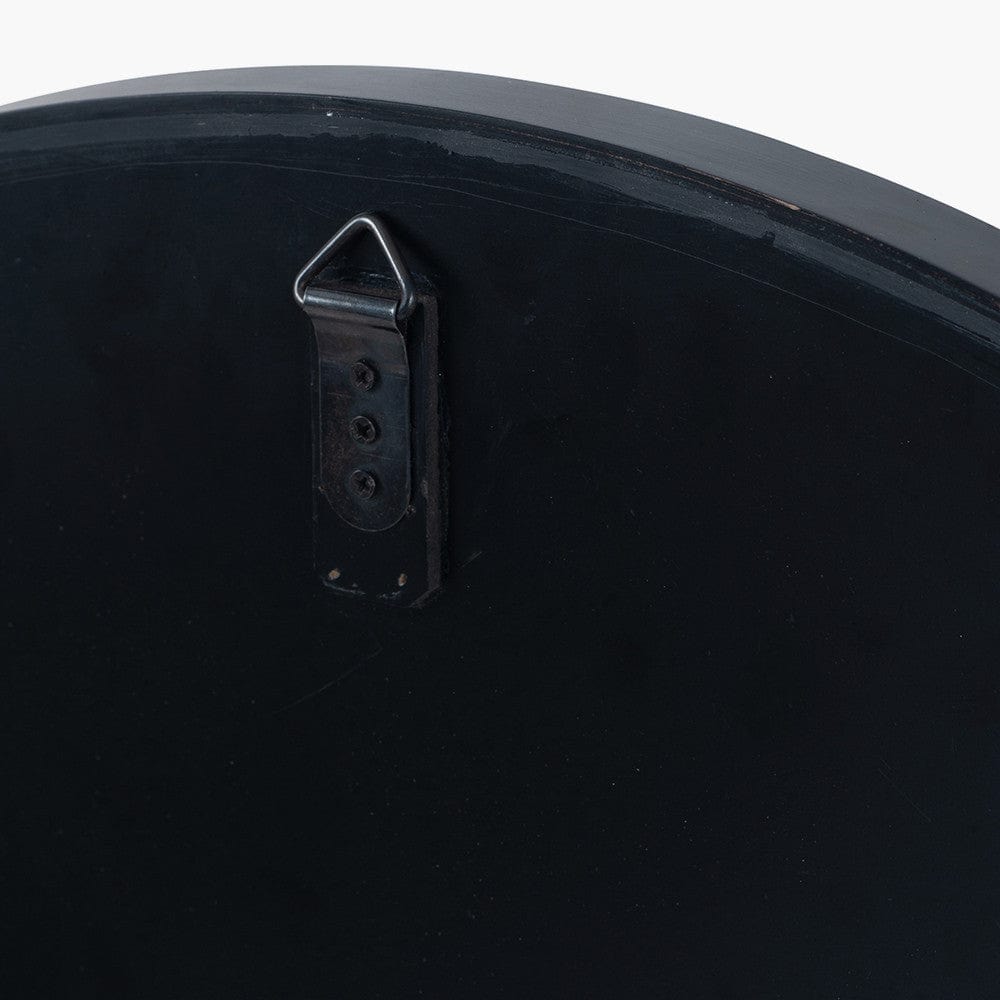 Black Wood Veneer and Foxed Glass Round Wall Mirror.