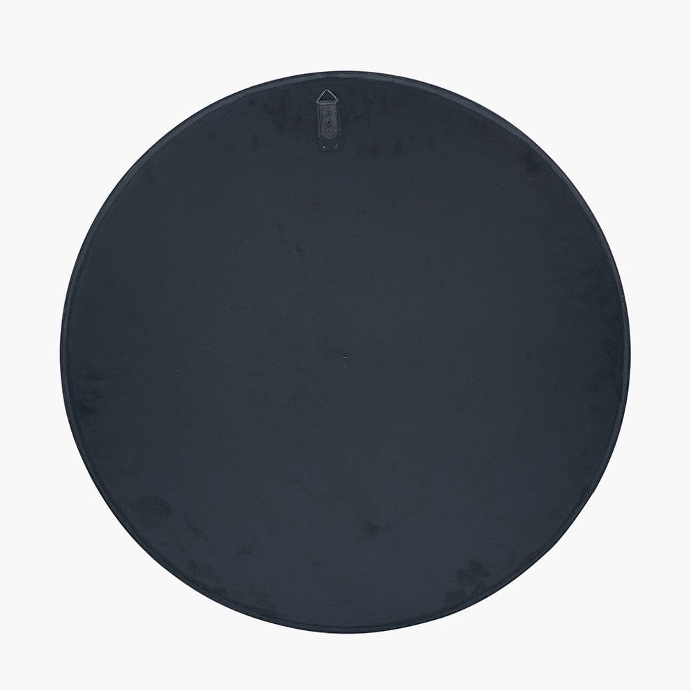 Black Wood Veneer and Foxed Glass Round Wall Mirror.